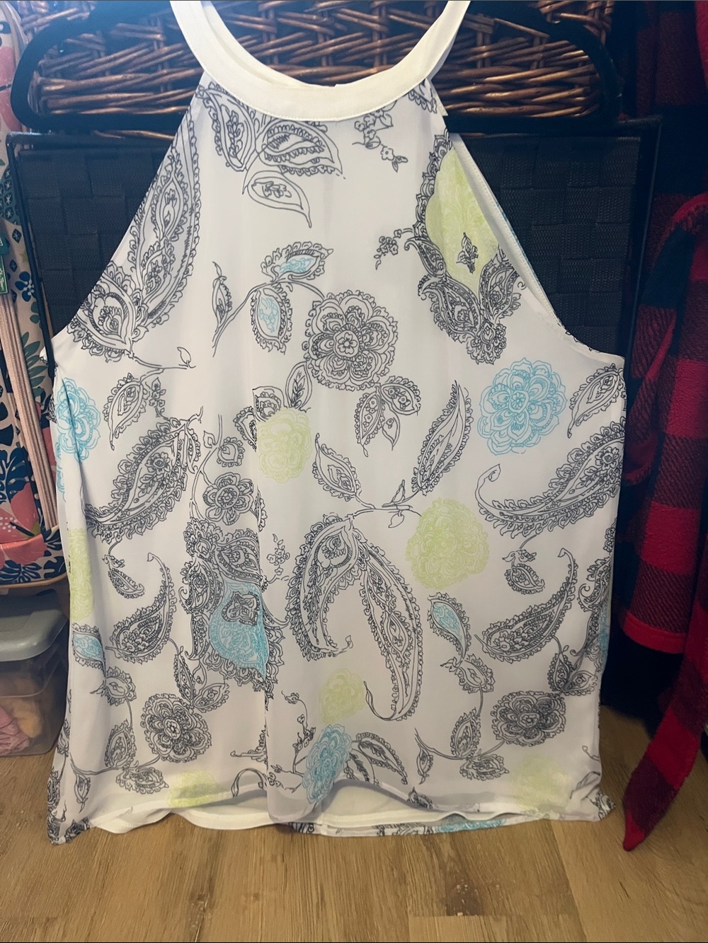 The Limited White Halter Tank with Gray Paisley and Blue-Lime Floral Accents